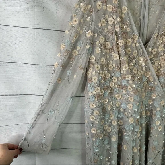 Mac Duggal size 16 Embellished Wrap Over Illusion Long Sleeve A Line Gown Gray - Picture 11 of 16